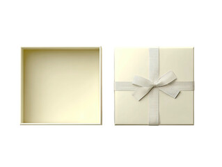Open cream gift box and closed box w/white ribbon & bow