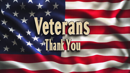 A waving American flag with the words 'Veterans Thank You' prominently displayed. The flag symbolizes patriotism and honors military veterans.