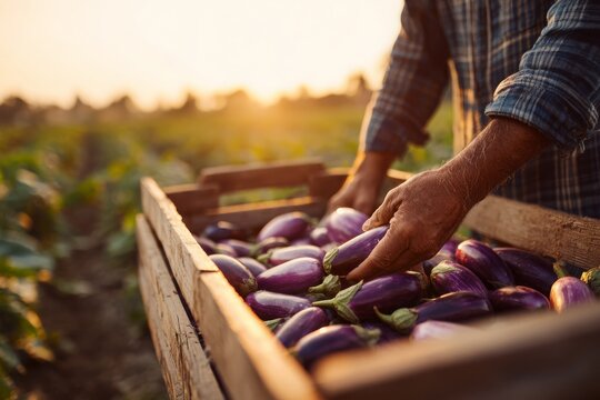 Hands harvesting fresh organic eggplants into a wooden crate at sunset, agriculture.