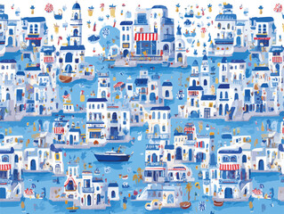 Ilha grega vibrante com casas brancas e azuis, mar e barcos em um dia ensolarado.