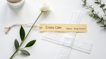 Minimalist flat lay of a first aid bandage, white rose, and calm message for wellness or healing concepts in lifestyle photography