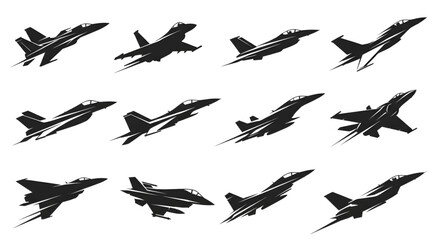 Dynamic collection of jet fighter silhouettes evoking power, speed, and modern military aviation perfect for designs and logos with a sleek, aggressive edge