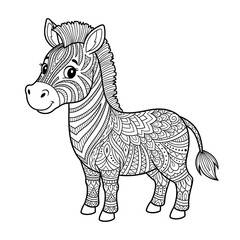 Cute cartoon baby zebra with intricate patterns isolated on white background