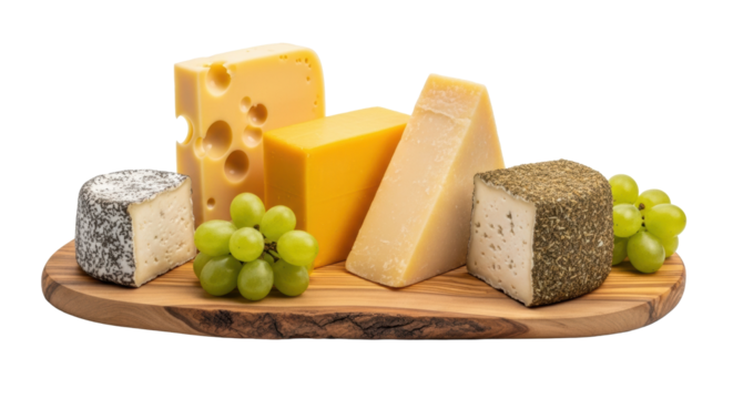 Premium cheeses (swiss, cheddar, parmesan, soft herbal) and fresh green grapes, artfully arranged on rustic olive wood cutting board, transparent studio background, gourmet food display