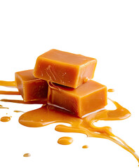 Stacked caramel squares on black with glossy, dripping sauce