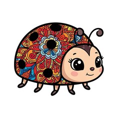 Cute cartoon ladybug with colorful mandala pattern on its shell isolated on white background