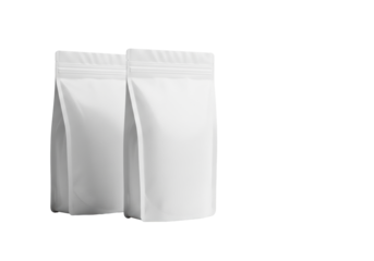 Two identical, unbranded blank white matte stand-up pouches with zipper seals, on a seamless transparent studio background with copy space concept of versatile product branding