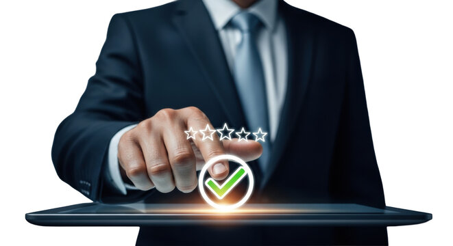 Male hand in a dark business suit and tie tapping a glowing green checkmark on a sleek dark touchscreen interface, blurred professional studio. Concept of digital success and approval