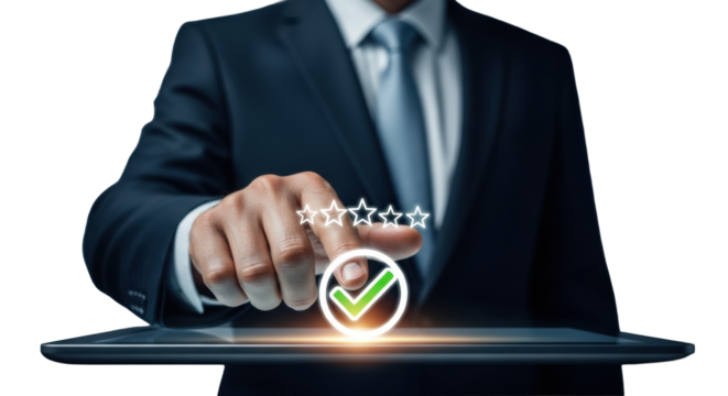 Male hand in a dark business suit and tie tapping a glowing green checkmark on a sleek dark touchscreen interface, blurred professional studio. Concept of digital success and approval