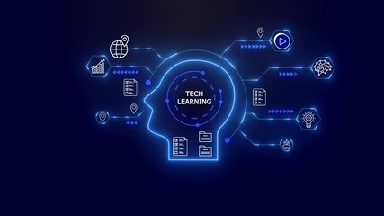 Tech Learning Concept with Glowing Neon Head and Icons on Dark Blue Background technology education - Powered by Adobe
