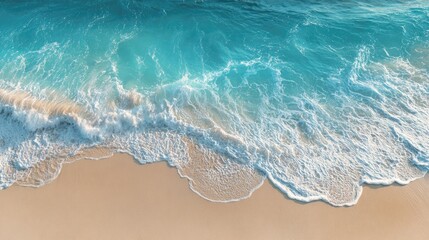 Fototapeta premium Serene Aerial View of Turquoise Ocean Waves Gently Crashing on Soft Sandy Beach Under Bright Sunlight