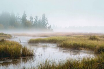 Fototapeta premium Serene coastal wetland in Canada enveloped in mist during early morning light with gentle water reflections and lush green grasses