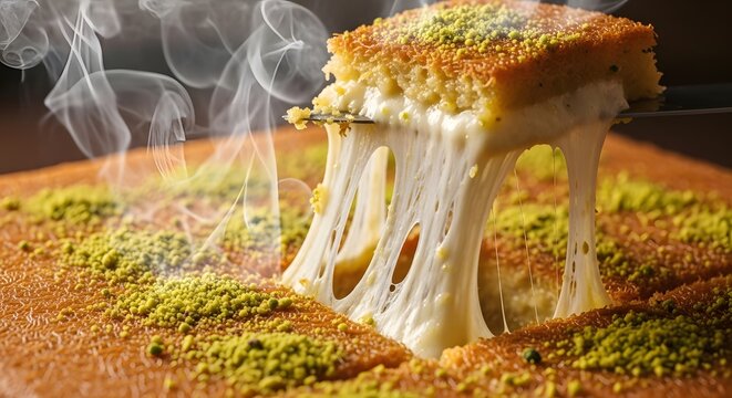 A piece of golden, crispy kunafa is being cut, revealing a beautiful stretch of melted cheese with steam rising. Cinematic, high-detail 8K food photography.

