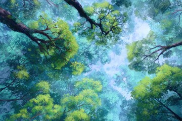 digital painting of rainforest tree canopy from above, vibrant yet soft pastel style, harmony with nature