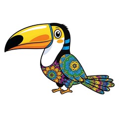 Colorful cartoon toucan bird with large beak and intricate patterns isolated on white background
