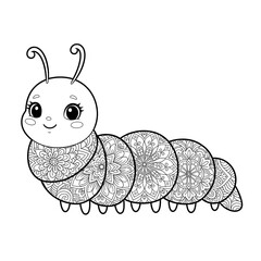 Cute cartoon caterpillar with big eyes and antennae hand drawn illustration isolated on white background