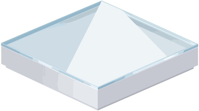 Pir&acirc;mide geom&eacute;trica transparente em um recipiente quadrado com fundo branco e bordas cinzas