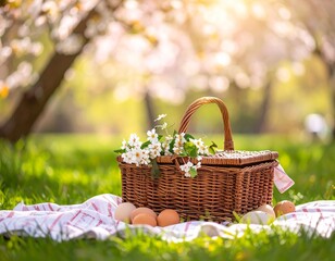 A beautiful basket filled with eggs and flowers set in a serene park during springtime.