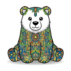 Whimsical patterned teddy bear sitting down with intricate colorful designs isolated on white background