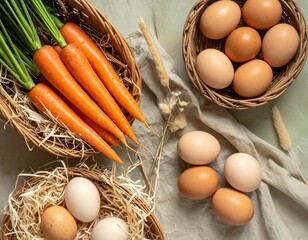 Explore the vibrant farm-fresh ingredients with carrots and eggs showcasing natural beauty and health.