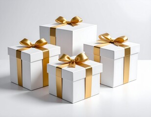 Luxurious white gift boxes adorned with gold ribbons perfect for any festive occasion.