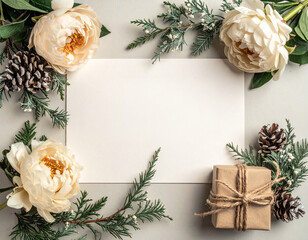 A beautifully arranged holiday scene featuring flowers pinecones and a gift box.