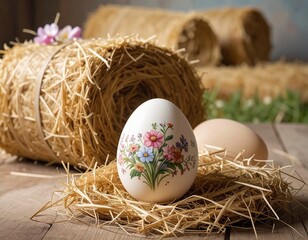 A beautifully decorated Easter egg set against a rustic backdrop capturing the essence of spring.