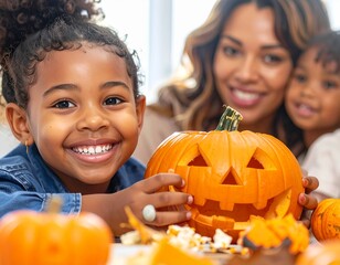 A joyful family bonds while carving pumpkins together celebrating the spirit of fall.