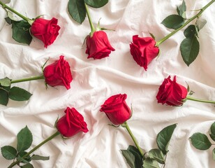 A stunning arrangement of red roses on soft fabric ideal for romantic occasions.