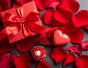 A romantic setup featuring a gift rose petals and sweet treats perfect for Valentine's Day.