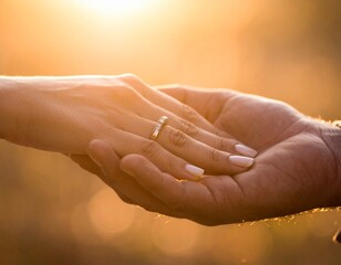 A couple shares an intimate moment while exchanging rings during a sunset proposal.