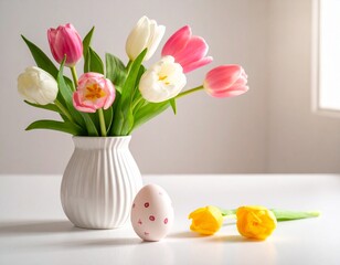 A vibrant display of tulips and an egg symbolizes spring's arrival in a cozy home setting.