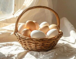 A serene scene of a basket filled with various fresh eggs highlighting simplicity and natural beauty.