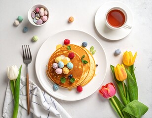 A vibrant display of pancakes adorned with pastel toppings set against a cheerful kitchen backdrop.