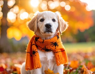 A cute puppy wearing a Halloween scarf sits among colorful autumn leaves radiating seasonal charm.