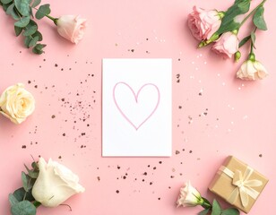 A charming Valentine's Day setup featuring flowers a gift and a heart drawing on a pink background.