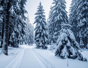 Explore a serene winter landscape with snow-laden trees and a peaceful pathway.