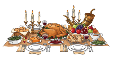 A thanksgiving feast with turkey, pie, fruit, vegetables, and candles on a decorated table