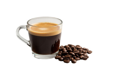 Transparent glass cup of dark espresso with golden-brown crema and roasted coffee beans on a transparent matte surface, sharp focus, soft studio light, concept of sustained energy and premium