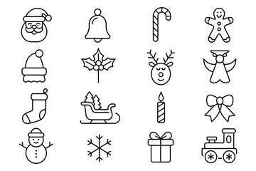 Minimalist Christmas Line Icon Set – Modern Outline Santa, Sleigh, Reindeer, Holly, Angel, Candle, Gift, Snowman