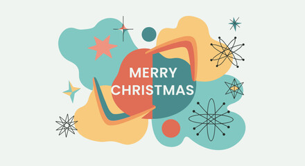 Retro mid century modern merry christmas greeting card with abstract shapes and atomic stars