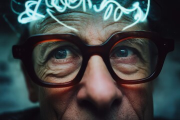 Intricate observations of an elderly man with insightful gaze illuminated by abstract light patterns symbolizing intellectual curiosity and cognitive exploration