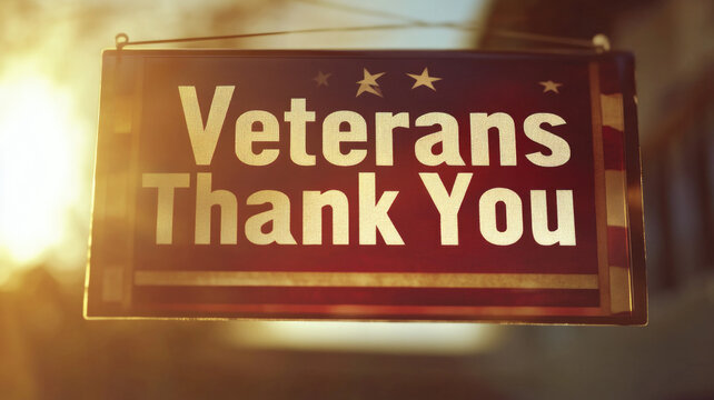 A poster displaying 'Veterans Day Thank You' text with an American flag. The background features autumn leaves and a warm sunset glow.