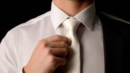 Confident Businessman Adjusting Tie Before Camera Shot with Elegant Finale Gesture
