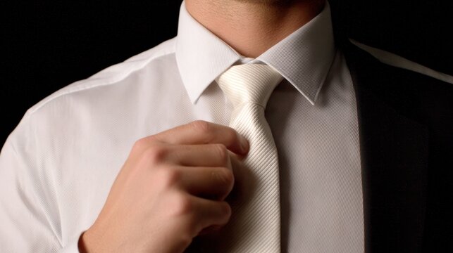 Confident Businessman Adjusting Tie Before Camera Shot with Elegant Finale Gesture