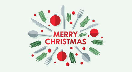 Festive merry christmas greeting with cutlery pine branches and red ornaments arranged in a circular pattern on a light green background