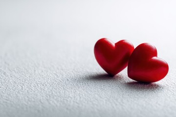 Fototapeta premium Two red hearts on a smooth white surface symbolizing love and affection for special moments and relationships in any setting
