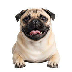 A cheerful fawn pug with black facial features, wide happy smile, tongue out, looking directly at camera in a transparent studio. Concept of pet joy and companionship