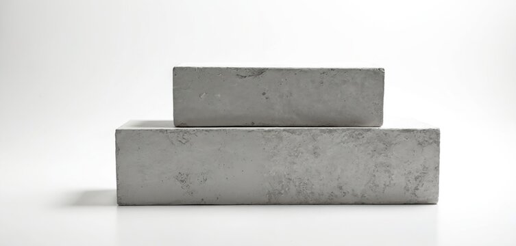 Stack of clean cement rectangular blocks on white background. Grey concrete blocks isolated. Large and small block piled up. Cement construction material. Rectangular shape blocks.