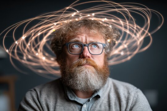 Portrait of a thoughtful man with swirling lights symbolizing creativity and mental stimulation in a contemporary artistic setting captured with clarity